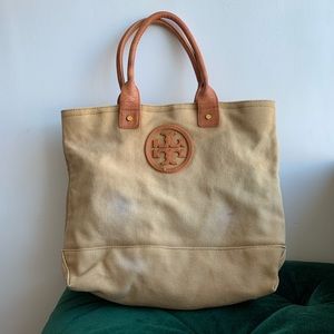 Tory Burch - Woven Canvas Tote with Saddle Leather